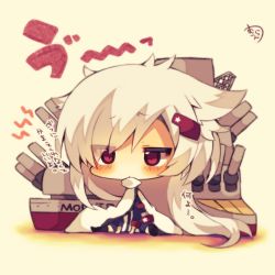Rule 34 | 1girl, azur lane, beige background, black thighhighs, blue dress, blush, cannon, cape, character name, chibi, dress, hair between eyes, hair ornament, hairclip, highres, long hair, long sleeves, looking at viewer, machinery, montpelier (azur lane), muuran, no shoes, parted lips, red eyes, signature, silver hair, sitting, solo, thighhighs, translation request, turret, very long hair, white cape