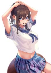 Rule 34 | 1girl, absurdres, arms up, black sailor collar, blue eyes, blue neckerchief, blue skirt, blush, breasts, brown hair, commentary request, crop top, crop top overhang, hair between eyes, hair tie, hair tie in mouth, highres, holding, holding own hair, inushima, large breasts, long hair, looking at viewer, midriff, mouth hold, navel, neckerchief, original, plaid, plaid skirt, pleated skirt, ponytail, revision, sailor collar, school uniform, see-through silhouette, serafuku, shirt, short sleeves, sidelocks, simple background, sitting, skirt, solo, stomach, tying hair, white background, white shirt
