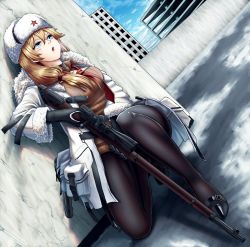 Rule 34 | 1girl, black footwear, black gloves, black pantyhose, blonde hair, blue eyes, bolt action, breasts, city, coat, fur hat, girls&#039; frontline, gloves, gun, hand on weapon, hat, highres, holding, holding weapon, long hair, looking away, medium breasts, mod3 (girls&#039; frontline), mosin-nagant, mosin-nagant (girls&#039; frontline), mosin-nagant (mod3) (girls&#039; frontline), necktie, on one knee, open mouth, pantyhose, red necktie, red star, rifle, scar, scrson, shoes, side ponytail, sniper rifle, solo, standing, standing on one leg, star (symbol), ushanka, weapon, white coat, white hat