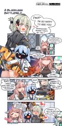 Rule 34 | 4girls, 4koma, absurdres, anger vein, angry, animal ear fluff, animal ears, aningay, antonina (neural cloud), aqua hair, artist name, black gloves, blue hair, blue shirt, blush, breasts, brown eyes, cat ears, closed eyes, collared shirt, comic, commentary, copyright name, cowboy shot, de lacey (neural cloud), english commentary, english text, faceless, female professor (neural cloud), girls&#039; frontline neural cloud, gloves, green hair, hair between eyes, hat, headphones, heart, heart in mouth, highres, id card, jacket, lab coat, large breasts, light brown hair, long hair, long sleeves, looking at viewer, mechanical tail, mole, mole under mouth, multiple girls, open mouth, persicaria (neural cloud), pixiv id, professor (neural cloud), second-party source, shirt, smile, sobbing, speech bubble, spoken heart, sweat, sweater, symbol-shaped pupils, tail, teeth, upper body, upper teeth only, white jacket, yellow eyes