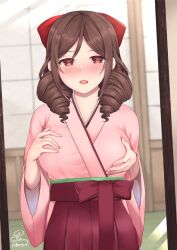 Rule 34 | 1girl, bow, breast hold, breasts, brown hair, commentary request, cowboy shot, drill hair, hair bow, hakama, hakama skirt, harukaze (kancolle), highres, japanese clothes, kantai collection, kimono, large breasts, looking at viewer, meiji schoolgirl uniform, mirror, pink kimono, red bow, red eyes, red hakama, skirt, solo, twin drills, unoshima kanaka