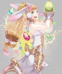 Rule 34 | 1girl, amatari sukuzakki, animal ears, blonde hair, blush, breasts, rabbit ears, rabbit tail, detached collar, egg, fake animal ears, fire emblem, fire emblem heroes, fishnets, gloves, green eyes, leotard, long hair, looking at viewer, nintendo, open mouth, playboy bunny, sharena (fire emblem), simple background, smile, solo, strapless, strapless leotard, tail, white background