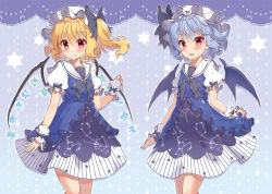 Rule 34 | 2girls, :d, alternate costume, bat wings, beni kurage, blonde hair, blue background, blue bow, blue dress, blue hair, blush, bow, cancer (constellation), commentary request, constellation print, cowboy shot, crystal, dress, fang, fang out, fingernails, flandre scarlet, gemini (constellation), hair between eyes, hat, hat bow, hexagram, highres, looking at viewer, mob cap, multiple girls, one side up, open mouth, puffy short sleeves, puffy sleeves, red eyes, remilia scarlet, sailor collar, sailor dress, short hair, short sleeves, siblings, sisters, skirt hold, smile, standing, star (symbol), star print, striped, striped bow, taurus (constellation), thighs, touhou, vertical stripes, white hat, white sailor collar, wings, wrist cuffs