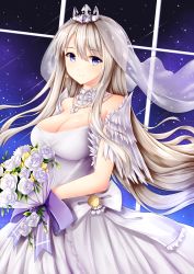 Rule 34 | 1girl, azur lane, bare shoulders, blush, bouquet, breasts, bridal veil, closed mouth, commentary request, crown, dress, earrings, enterprise (azur lane), enterprise (starlight oath) (azur lane), flower, highres, holding, jewelry, large breasts, long hair, looking at viewer, mini crown, night, night sky, purple eyes, silver hair, sky, smile, solo, standing, star (sky), veil, wedding dress, white dress, wsman