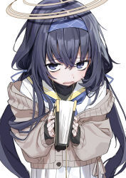 Rule 34 | 1girl, absurdres, bags under eyes, black hair, blue archive, blue eyes, blue hairband, book, brown cardigan, cardigan, commentary request, fingernails, hair between eyes, hairband, halo, haruyuki (gffewuoutgblubh), highres, holding, holding book, long hair, low twintails, open mouth, sailor collar, school uniform, simple background, skirt, solo, twintails, ui (blue archive), white background, white sailor collar, white skirt