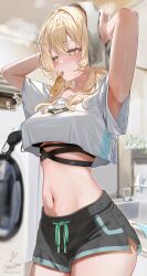 1girl absurdres arm_up armpits arms_up black_bra black_shorts blonde_hair blurry blurry_background blush bra breasts collarbone cowboy_shot crop_top genshin_impact hair_between_eyes hair_ornament highres indoors kabu_usagi large_breasts long_hair lumine_(genshin_impact) midriff mouth_hold navel shirt short_shorts shorts solo stomach toothbrush towel translation_request twitter_username underwear washing_machine white_shirt yellow_eyes