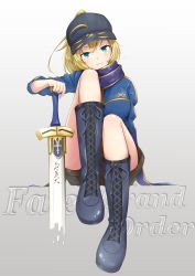 Rule 34 | 1girl, artoria pendragon (fate), blonde hair, boots, copyright name, fate/grand order, fate (series), hat, highres, hoshimiya mashiro, mysterious heroine x (fate), solo, sword, weapon