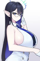 Rule 34 | 1girl, adjusting eyewear, black hair, blue archive, blue eyes, blue hair, blue necktie, breasts, closed mouth, collared shirt, colored inner hair, glasses, gloves, half gloves, halo, huge breasts, jorin, long hair, multicolored hair, necktie, pointy ears, rin (blue archive), shirt, sideboob, sleeveless, solo, white gloves