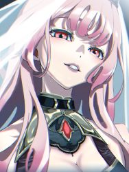 Rule 34 | 1girl, breasts, cleavage, cleavage cutout, clothing cutout, collarbone, eyebrows hidden by hair, highres, hololive, hololive english, lipstick, long hair, makeup, mori calliope, natsume hinako, parted lips, pink hair, red eyes, smile, solo, tiara, veil, virtual youtuber