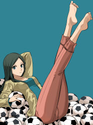Rule 34 | 1girl, absurdres, arm behind head, ball, barefoot, black hair, blue background, blue eyes, closed mouth, highres, inazuma eleven, inazuma eleven (series), inazuma eleven victory road, kira hitomiko, legs up, long hair, long sleeves, looking at viewer, lying, pants, pants rolled up, rasupekuto, shirt, simple background, soccer ball, soles, solo
