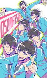 Rule 34 | 10s, 6+boys, :3, brothers, brown eyes, closed eyes, copyright name, formal, hand on own face, hand on own hip, heart, heart in mouth, male focus, mask, matsuno choromatsu, matsuno ichimatsu, matsuno jyushimatsu, matsuno karamatsu, matsuno osomatsu, matsuno todomatsu, mouth mask, multiple boys, osomatsu-kun, osomatsu-san, osomatsu (series), outstretched arms, pointing, sextuplets, shibuya arata, siblings, simple background, smile, suit, surgical mask, sweatdrop, upper body, white background