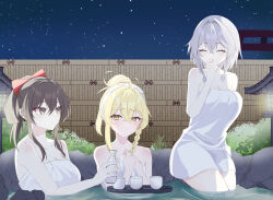 3girls absurdres alternate_costume alternate_hairstyle blonde_hair bow braid brown_eyes brown_hair closed_eyes closed_mouth commentary_request covering_own_mouth grey_hair hair_bow hair_bun hakurei_reimu highres izayoi_sakuya kirisame_marisa long_hair multiple_girls naked_towel night night_sky no_headwear onsen red_bow side_braid single_braid sky star_(sky) tokkuri touhou towel tray twin_braids wa_layla wooden_wall yellow_eyes