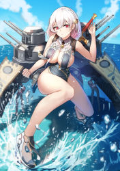 Rule 34 | 1girl, absurdres, azur lane, bare arms, bare legs, blue sky, braid, breast curtain lift, breast curtains, breasts, cannon, cleavage, closed mouth, commentary, day, expressionless, french braid, hair between eyes, highres, large breasts, looking at viewer, lu (ssuel), ocean, outdoors, red eyes, rigging, short hair, silver hair, sirius (azur lane), sirius (azure horizons) (azur lane), sky, solo, standing, standing on liquid, sunlight, sword, sword behind back, thighs, water, weapon