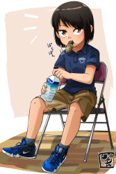 Rule 34 | 1boy, arashiki haruto, bottle, brown eyes, brown hair, candy, candy bar, chair, folding chair, food, food in mouth, full body, highres, kaminosaki, kemono-human school, looking at viewer, male focus, mouth hold, nike (company), polo shirt, shoes, shorts, sneakers, solo, tsurime, water bottle