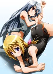 Rule 34 | 10s, 2girls, ahoge, ass, bad id, bad pixiv id, bare shoulders, barefoot, blonde hair, blush, bodysuit, breasts, charlotte dunois, clenched hand, crossed arms, dutch angle, eyepatch, fingernails, from above, frown, gradient background, grey legwear, hair between eyes, hair ribbon, halterneck, hand up, highres, infinite stratos, jewelry, laura bodewig, lens flare, leotard, light smile, long fingernails, long hair, low ponytail, lying, multiple girls, necklace, no legwear, on side, on stomach, pelvic curtain, pendant, pilot suit, ponytail, purple eyes, red eyes, ribbon, shadow, silver hair, sleeveless, small breasts, smile, sparkle, sumeragi tomo, thighhighs, turtleneck, very long hair