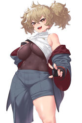 Rule 34 | 1girl, :d, asticassia school uniform, asymmetrical clothes, asymmetrical legwear, bodystocking, breasts, brown eyes, covered navel, fingerless gloves, gloves, gundam, gundam suisei no majo, highres, jacket, jacket partially removed, large breasts, light brown hair, onsoku inu, open mouth, renee costa, school uniform, short twintails, simple background, smile, solo, twintails, w, white background