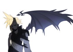 Rule 34 | 1boy, armor, asymmetrical sleeves, bat wings, blonde hair, cloud strife, final fantasy, final fantasy vii, high collar, kingdom hearts, kingdom hearts ii, light frown, looking down, looking to the side, male focus, pauldrons, pensive, sad, shaded face, shadow, short hair, shoulder armor, single pauldron, single wing, sleeveless, sleeveless turtleneck, solo, spiked hair, sub fan art, turtleneck, white background, wings, worried