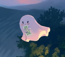 Rule 34 | :&lt;, banknote, blush, commentary, dollar bill, english commentary, floating, foliage, full body, geneva bowers, ghost, holding, holding money, money, no humans, o o, hugging object, original, outdoors