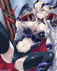 Rule 34 | 1girl, alternate costume, armor, artoria pendragon (fate), artoria pendragon (lancer) (fate), artoria pendragon (lancer alter) (fate), blonde hair, bodice, breasts, cape, chain, cleavage, clothing cutout, fate/grand order, fate (series), full body, fur cape, fur trim, gloves, highres, holding, holding weapon, horns, lance, large breasts, long hair, looking at viewer, midriff, navel, navel cutout, open mouth, artoria pendragon (lancer alter) (ox-demon king) (fate), polearm, saber (fate), saber alter, solo, spread legs, takara joney, thighhighs, twitter username, weapon, yellow eyes