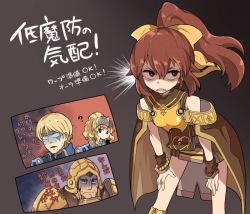Rule 34 | !, 2boys, 2girls, ?, armor, bare shoulders, blonde hair, bow, bracelet, breastplate, bright pupils, brother and sister, brown eyes, brown hair, cape, clair (fire emblem), clive (fire emblem), delthea (fire emblem), fang, fire emblem, fire emblem echoes: shadows of valentia, grey background, helmet, jewelry, multiple boys, multiple girls, nintendo, open mouth, ponytail, siblings, simple background, valbar (fire emblem), yucopi