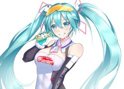 Rule 34 | 1girl, absurdres, aqua eyes, aqua hair, bare shoulders, blush, breasts, can, cleavage, covered navel, dress, elbow gloves, english text, eyebrows hidden by hair, eyewear on head, floating hair, gloves, goodsmile racing, grin, hair between eyes, hatsune miku, highres, linea alba, long hair, looking at viewer, medium breasts, microphone, multicolored eyes, multicolored neckwear, necktie, race queen, racing miku, racing miku (2021), simple background, smile, solo, sunglasses, tight clothes, tight dress, twintails, upper body, very long hair, vocaloid, white background, zib (boriku)