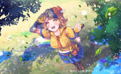 Rule 34 | 1girl, :d, arm up, blue hair, blue skirt, blurry, blurry background, boots, branch, breasts, bridal gauntlets, brown footwear, brown hair, collarbone, collared shirt, commentary request, day, depth of field, falling leaves, from above, grass, hat, heterochromia, indie virtual youtuber, ittokyu, kiseki horn, leaf, looking away, looking up, medium breasts, midriff, mini hat, multicolored hair, navel, necktie, official art, open mouth, outdoors, pleated skirt, puddle, red eyes, red hat, red necktie, shading eyes, shirt, short sleeves, skirt, smile, solo, tied shirt, tilted headwear, translation request, two-tone hair, virtual youtuber, water, yellow eyes, yellow shirt
