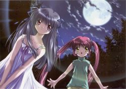 Rule 34 | 00s, 2girls, :o, air (visual novel), bare shoulders, black hair, brown eyes, collarbone, dress, full moon, game cg, green dress, highres, looking at viewer, michiru (air), moon, moonlight, multiple girls, night, night sky, open mouth, outstretched arms, sky, sundress, toono minagi, white dress