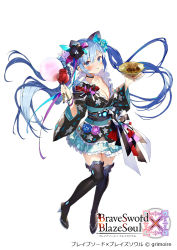 Rule 34 | 1girl, :t, black choker, black flower, black footwear, black ribbon, black shirt, black skirt, blue eyes, blue flower, blue hair, blush, boots, brave sword x blaze soul, breasts, candy apple, choker, cleavage, collarbone, container, copyright name, eating, floating hair, flower, food, frilled skirt, frills, full body, gaou (umaiyo puyoman), hair flower, hair ornament, hair ribbon, hands up, head tilt, high heel boots, high heels, holding, holding food, japanese clothes, large breasts, long hair, long sleeves, looking at viewer, miniskirt, obi, official art, plate, purple flower, red ribbon, ribbon, sash, shirt, sidelocks, simple background, skirt, solo, swept bangs, takoyaki, thigh boots, thighhighs, twintails, v-shaped eyebrows, very long hair, watermark, wavy mouth, white background, white ribbon, wide sleeves, zettai ryouiki