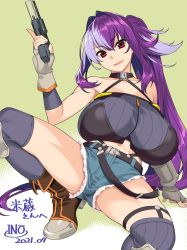 Rule 34 | 1girl, arm support, bare shoulders, belt, boots, breasts, collarbone, commentary request, commission, dated, denim, denim shorts, gloves, grey thighhighs, gun, hair between eyes, halterneck, handgun, holding, holding gun, holding weapon, huge breasts, ino (magloid), light purple hair, long hair, micro shorts, midriff, multicolored hair, navel, original, parted lips, pistol, ponytail, purple hair, red eyes, revolver, shorts, sidelocks, signature, skeb commission, spread legs, strapless, thighhighs, thighs, trigger discipline, tube top, two-tone hair, very long hair, weapon