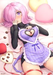 Rule 34 | 1girl, alternate costume, apron, between breasts, black sweater, blue ribbon, blush, box, breasts, candy, chocolate, chocolate heart, cleavage, cleavage cutout, closed mouth, clothing cutout, commentary request, cowboy shot, dress, fate/grand order, fate (series), food, frilled apron, frills, gift, gift box, hair over one eye, hand on own chest, hand up, heart, heart-shaped box, heart cutout, heart on chest, heart-shaped pillow, highres, jewelry, long sleeves, looking at viewer, lying, mash kyrielight, medium breasts, necklace, on back, oyaji-sou, pillow, pink hair, plaid, purple apron, purple eyes, red ribbon, ribbed sweater, ribbon, short hair, sleeves past wrists, solo, sweater, sweater dress, thighs, turtleneck, turtleneck sweater, twitter username, valentine