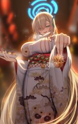 Rule 34 | 1girl, absurdres, asuna (blue archive), blonde hair, blue archive, blue eyes, blurry, blurry background, blush, breasts, fireworks, floral print, food, hair ornament, hair over one eye, halo, highres, holding, incoming food, japanese clothes, kimono, large breasts, light brown hair, long hair, long sleeves, looking at viewer, momoriko, obi, open mouth, ribbon, robe, sash, smile, solo, summer festival, takoyaki, very long hair, white kimono, wide sleeves, yukata