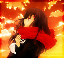 Rule 34 | 1girl, bad id, bad pixiv id, brown hair, cloud, enpera, kagerou project, long hair, looking up, red eyes, red scarf, scarf, shiki (the-sleeping-snow-white), solo, sunset, tateyama ayano, tears
