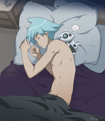 Rule 34 | 1boy, aron, closed eyes, closed mouth, commentary, creatures (company), from above, game freak, gen 3 pokemon, goro orb, hands up, head on pillow, highres, indoors, jewelry, lying, male focus, navel, nintendo, nude, on bed, on side, pillow, pokemon, pokemon (creature), pokemon on back, pokemon oras, ring, short hair, sleeping, spoken zzz, steven stone, twitter username, under covers, watermark, zzz