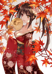 Rule 34 | 1girl, alternate costume, animal print, asle, autumn leaves, black hair, breasts, cat print, collarbone, commentary request, date a live, flower, from side, hair flower, hair ornament, holding, japanese clothes, kimono, large breasts, leaf, long hair, long sleeves, red eyes, red kimono, smile, solo, tokisaki kurumi, translation request, twintails, wide sleeves, yellow eyes