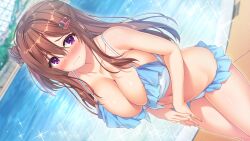 Rule 34 | 1girl, bikini, blush, breasts, brown hair, cleavage, day, dutch angle, frilled bikini, frills, game cg, hair bun, hair ornament, hairclip, highres, hinata nao, huge breasts, large breasts, long hair, looking at viewer, moonstone cherry, navel, official art, ooigawa risa, outdoors, own hands together, photoshop (medium), pool, poolside, purple eyes, solo, standing, swimsuit, wavy mouth