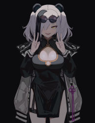 Rule 34 | 1girl, :d, absurdres, animal ears, arknights, black background, black dress, black theme, breasts, china dress, chinese clothes, cleavage, cleavage cutout, clothing cutout, cowboy shot, double v, dress, feater (arknights), grey hair, hair over one eye, hands up, highres, jacket, long hair, long sleeves, looking at viewer, open clothes, open jacket, open mouth, panda ears, simple background, smile, solo, standing, tianshi xiang, twintails, v, yellow eyes