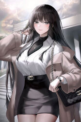 Rule 34 | 1girl, bag, belt, black bag, black belt, black eyes, black hair, black skirt, black sweater, blush, breasts, brown jacket, building, buttons, chanel, character request, closed mouth, cloud, cloudy sky, collared shirt, commentary request, copyright request, cowboy shot, dalla (888 dalae), day, eyelashes, glint, hair between eyes, hand up, handbag, high-waist skirt, highres, jacket, jewelry, korean commentary, lapels, large breasts, light rays, long hair, long sleeves, looking at viewer, necklace, off shoulder, open clothes, open collar, open jacket, outdoors, pencil skirt, ribbed sweater, shirt, shirt tucked in, sidelocks, skirt, sky, smile, solo, stairs, standing, sun, sunlight, sweater, tree, turtleneck, turtleneck sweater, very long hair, watch, white shirt, wing collar, wristwatch