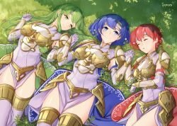 Rule 34 | 3girls, arm guards, armor, artist name, belt, blue eyes, blue hair, boots, breastplate, catria (fire emblem), closed eyes, closed mouth, dress, elbow gloves, est (fire emblem), female focus, fire emblem, fire emblem: mystery of the emblem, fire emblem echoes: shadows of valentia, girl sandwich, gloves, grass, green background, green eyes, green hair, hand up, head tilt, headband, ippers, long hair, looking at viewer, lying, matching hair/eyes, multiple girls, nintendo, palla (fire emblem), pegasus knight uniform (fire emblem), pink hair, sandwiched, short hair, shoulder pads, siblings, sisters, sleeping, sleeveless, sleeveless dress, smile, sword, thigh boots, thighhighs, transparent background, weapon, white dress, white footwear, white headband, zettai ryouiki