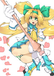 Rule 34 | 1girl, absurdres, arc system works, bell, blazblue, blazblue: continuum shift, blonde hair, fang, green eyes, hair ribbon, heart, highres, long hair, makai, panties, pantyshot, platinum the trinity, quad tails, ribbon, solo, staff, striped clothes, striped panties, symbol-shaped pupils, thighhighs, two side up, underwear
