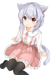 Rule 34 | 1girl, animal ears, arm support, black thighhighs, blue hair, blush, braid, cat ears, cat tail, commentary, french braid, frilled skirt, frilled sleeves, frills, high-waist skirt, highres, light blue hair, long sleeves, looking at viewer, necktie, original, pink eyes, pink necktie, pink skirt, simple background, sitting, skirt, smile, solo, sora (silent square), suspender skirt, suspenders, tail, thighhighs, white background, zettai ryouiki