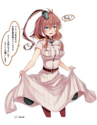 Rule 34 | 10s, 1girl, :d, anchor, ascot, belt, blue eyes, breast pocket, breasts, brown hair, clothes lift, commentary request, cropped legs, dress, dress lift, drum magazine, hair between eyes, headgear, highres, ido (teketeke), kantai collection, large breasts, long hair, looking at viewer, magazine (weapon), neckerchief, open mouth, pocket, ponytail, red ascot, red legwear, red neckerchief, revision, saratoga (kancolle), scarf, side ponytail, sidelocks, simple background, skirt, smile, solo, translated, twitter username, white background, white dress