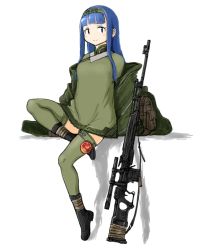 Rule 34 | 1girl, backpack, bad id, bad pixiv id, bag, black footwear, blue hair, boots, dragunov svd, dress, green dress, green ribbon, green thighhighs, gun, hairband, jacket, long hair, mars expedition, military, military uniform, muzzle device, no nose, official art, ribbon, rifle, scope, simple background, sitting, smile, sniper rifle, solo, thighhighs, uniform, weapon, weapon request, white background, y (khakiyawn)