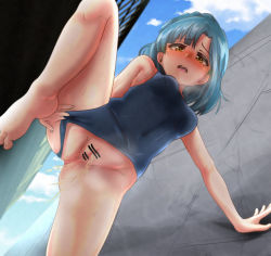 Rule 34 | 1girl, arm support, bar censor, blue hair, blue one-piece swimsuit, blush, braid, breasts, censored, clothing aside, cloud, french braid, from below, holding leg, leg up, looking at viewer, looking down, machismo fuji, medium breasts, one-piece swimsuit, open mouth, peeing, pussy, short hair, sky, standing, standing on one leg, sweat, swimsuit, swimsuit aside, teeth, wall, yellow eyes