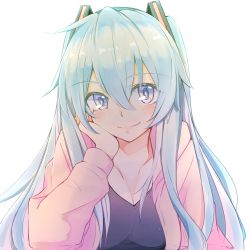 Rule 34 | 1girl, aqua hair, blue eyes, breasts, eyebrows, hair between eyes, hand on own face, hatsune miku, head rest, highres, kazenoko, large breasts, long hair, multicolored eyes, simple background, smile, solo, upper body, vocaloid, white background