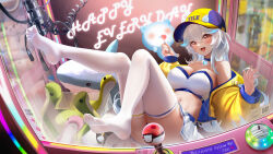 Rule 34 | 1girl, bare shoulders, blue choker, blush, breasts, candy, choker, commentary, crane game, creatures (company), english commentary, feet, food, game freak, hands up, hat, highres, holding, holding candy, holding food, holding lollipop, jacket, large breasts, legs, liu liaoliao, lollipop, long hair, looking at viewer, midriff, miniskirt, navel, nintendo, no shoes, off shoulder, open clothes, open jacket, open mouth, original, pixiv id, poke ball, poke ball (basic), pokemon, red eyes, skirt, smile, soles, solo, spread toes, stuffed animal, stuffed toy, thighhighs, thighs, toes, white hair, white skirt, white thighhighs, yellow jacket, yile (liu liaoliao)