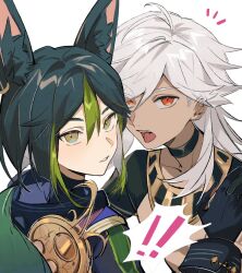 Rule 34 | 2boys, ahoge, animal ear fluff, animal ears, black choker, black shirt, black vest, blue gloves, blue hair, brown eyes, choker, closed mouth, collarbone, cyno (genshin impact), dark-skinned male, dark skin, earrings, eyes visible through hair, fox ears, fox girl, fox tail, from behind, genshin impact, gloves, gold, green hair, grey hair, hair between eyes, hair over one eye, hand on another&#039;s shoulder, hand up, highres, jewelry, long hair, long sleeves, looking at viewer, looking back, male focus, mandarin collar, multicolored hair, multiple boys, netsus3, no headwear, open mouth, red eyes, shirt, short hair, short sleeves, simple background, single earring, tail, teeth, tighnari (genshin impact), tongue, tongue out, two-tone hair, upper body, vest, white background
