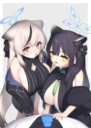 Rule 34 | 1boy, 2girls, alternate breast size, animal ears, black dress, black hair, black ribbon, blue archive, blue halo, breasts, cleavage, cleavage cutout, clothing cutout, dress, green eyes, grey background, hair ornament, hair ribbon, halo, highres, hsuliherng, huge breasts, kokona (blue archive), long hair, long sleeves, looking at viewer, multicolored hair, multiple girls, open mouth, orange eyes, outside border, pov, ribbon, shun (blue archive), shun (small) (blue archive), siblings, sisters, smile, streaked hair, striped clothes, striped dress, vertical-striped clothes, vertical-striped dress, white hair