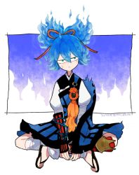Rule 34 | 10s, 1boy, blue hair, dated, fiery hair, full body, indian style, japanese clothes, l hakase, looking at viewer, male focus, no socks, sandals, sayo samonji, sitting, solo, touken ranbu, twitter username