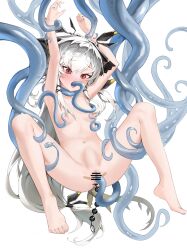 Rule 34 | 1girl, absurdres, anal, anal beads, anal object insertion, arknights, armpits, arms up, bar censor, barefoot, blush, breasts, censored, chinese commentary, commentary request, completely nude, dilation tape, double penetration, fellatio, full body, grey hair, highres, long hair, low-tied long hair, navel, nipple stimulation, nipple tweak, nipples, nude, object insertion, oral, pussy, red eyes, sex toy, shin maboroshi, simple background, small breasts, spread legs, stomach bulge, tape, tentacle sex, tentacles, toes, vaginal, variant set, very long hair, weedy (arknights), white background