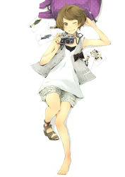 Rule 34 | 1girl, arm behind head, backpack, bad id, bad pixiv id, bag, barefoot, blush, bow, brown eyes, brown hair, camera, feet, full body, highres, lying, on back, one eye closed, open mouth, original, photo (object), pinstripe pattern, pinstripe vest, sandals, shoes, short hair, single shoe, sleeveless, smile, solo, striped, swept bangs, unworn backpack, unworn bag, vest, white background, wink, yoshito